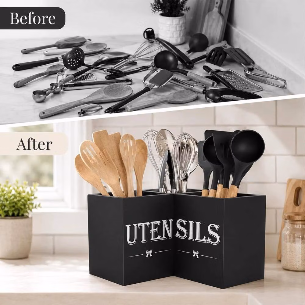 Kelvenix Black Wooden Freestanding Kitchen Utensil Holder – 3
