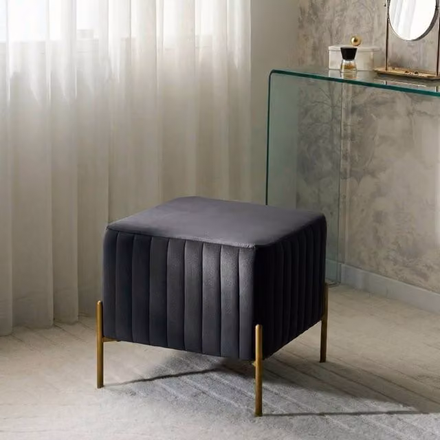 Wyld and Coco Velvet Footstool in Black with Gold Metal Legs, W/D/H: 47 x 47 x 47 cm