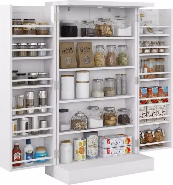 HOMCOM Modern Freestanding Kitchen Storage Cabinet with Hinged Doors and Internal Shelves in White – 1