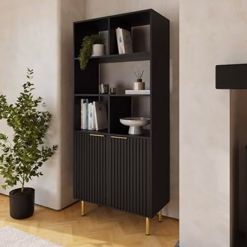 GFW Nervata Black Modern Asymmetric Bookcase with Shelves and Cabinet Storage, H 181 x W 80 x D 39 cm – 3