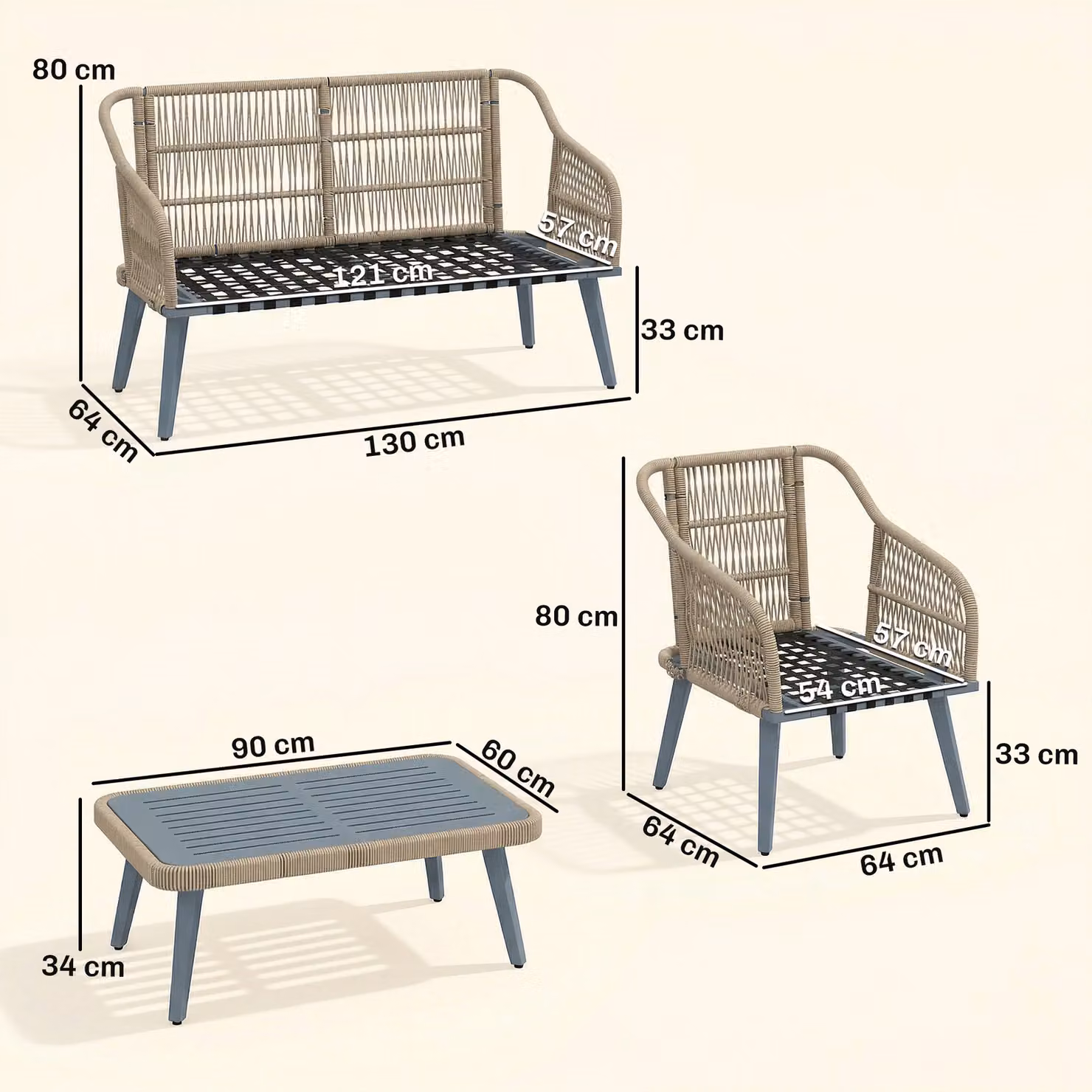 Outsunny 4 Piece Grey Rattan Garden Furniture Set with Acacia Wood Table, Loveseat and Armchairs – 3