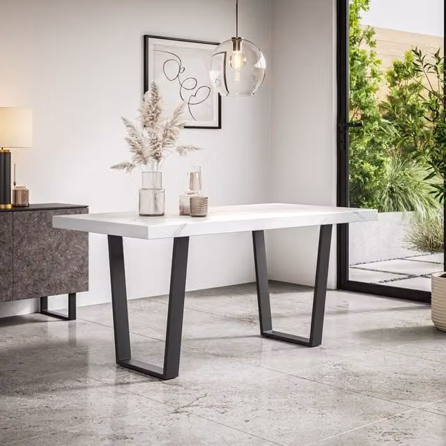 More4Homes Aria 4-6 Seater Rectangular Dining Table with White Marble Top and Black Metal Legs, W/D/H: 160 x 80 x 76 cm