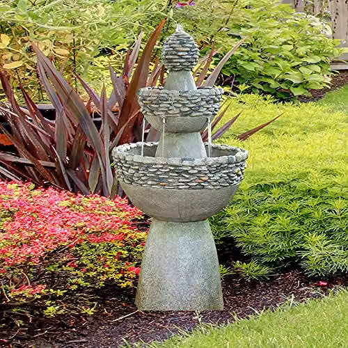 Teamson Home Grey 3-Tier Modern Cascade Water Fountain with Stone Effect Polyresin Finish – 3