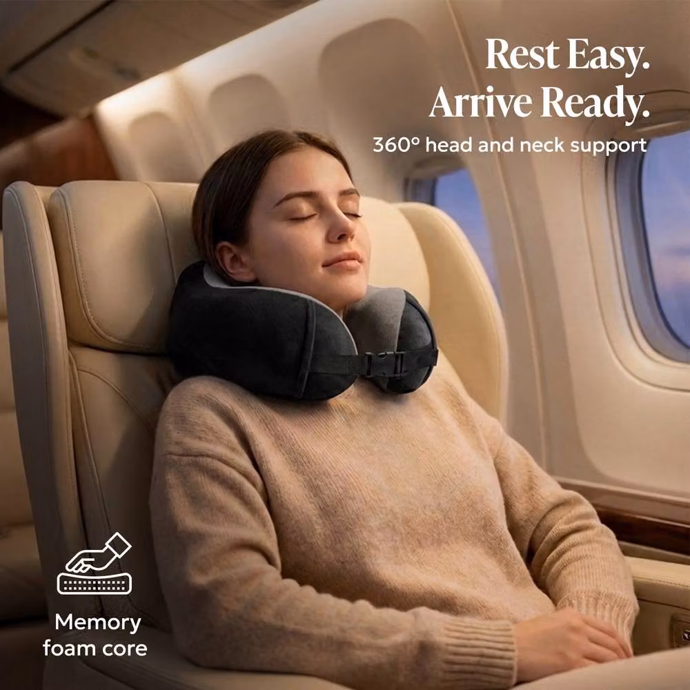 Lugg Black U-Shaped Memory Foam Travel Neck Pillow with Breathable Cooling Removable Polyester Cover – 2