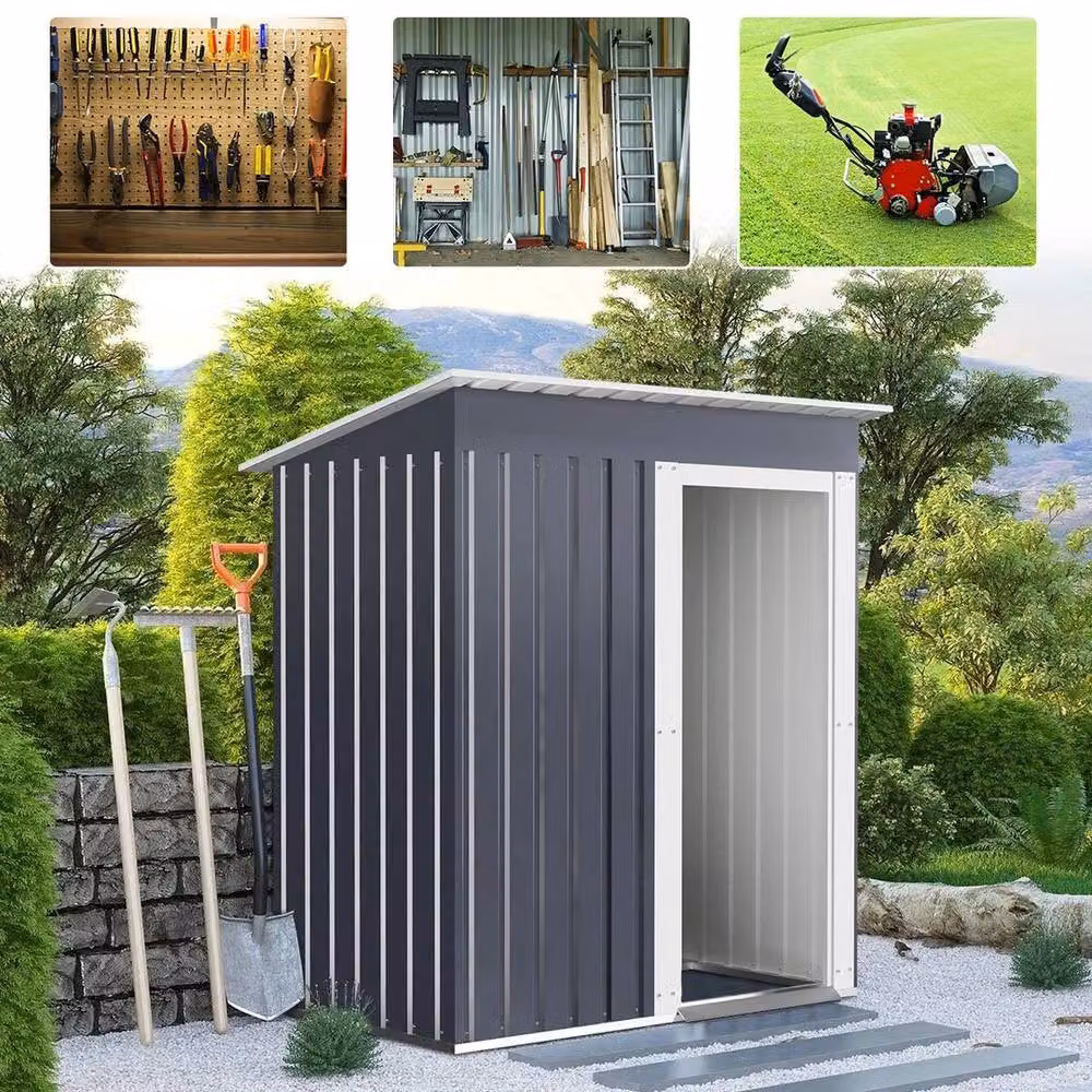 FLAVORA Grey Metal Pent Garden Storage Shed with Double Doors – 3