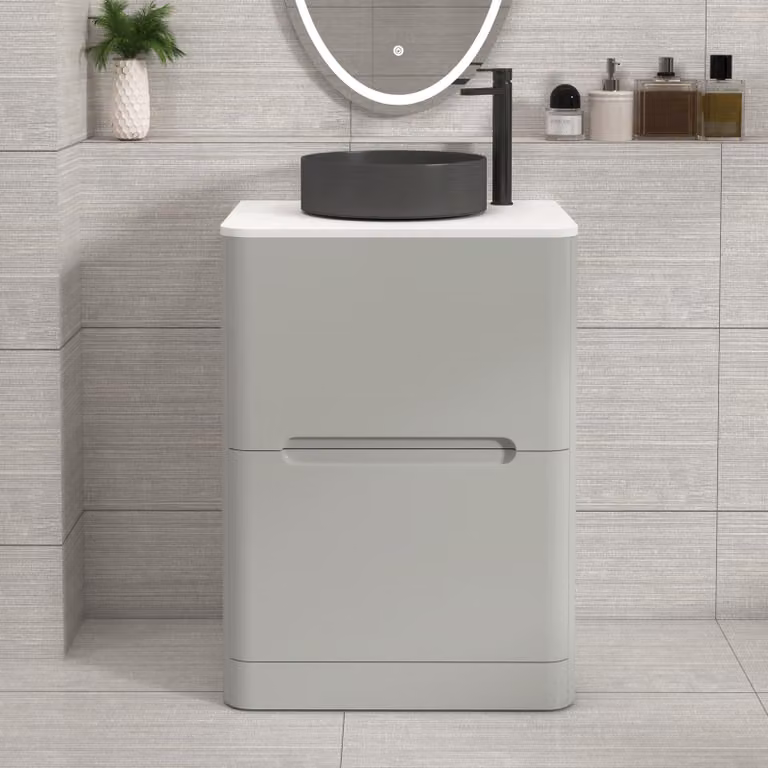Royal Bathrooms Venice 600mm Floor Standing Vanity Unit in Dove Grey with 2 Drawers, Plain White Worktop and Art Deco Round Basin