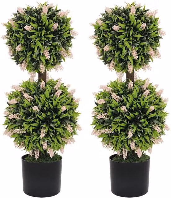 Nordara Set of 2 Green Artificial Lavender Potted Plants in Concrete Round Pots
