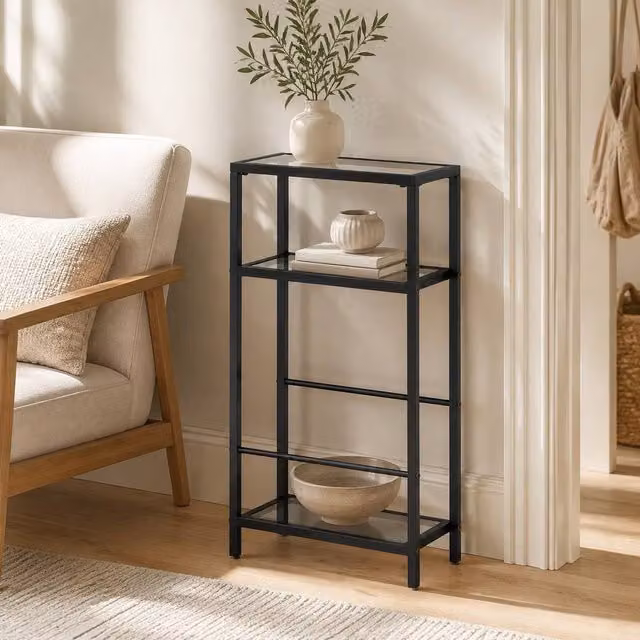 STILVORA Modern Black Side Table with Glass Top and Metal Frame