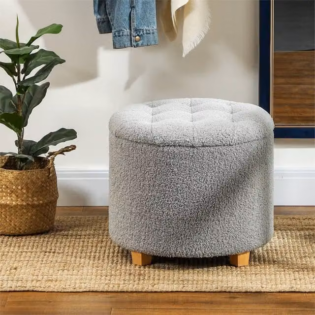 EONLION Grey Bouclé Round Storage Ottoman, Diameter: 45 cm, Height: 45 cm