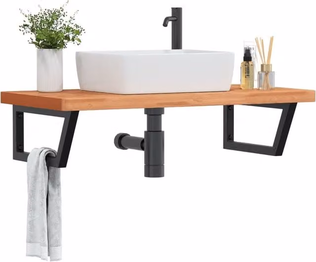 Berkfield Home Wall Mounted Basin Shelf in Brown Steel and Solid Beech Wood