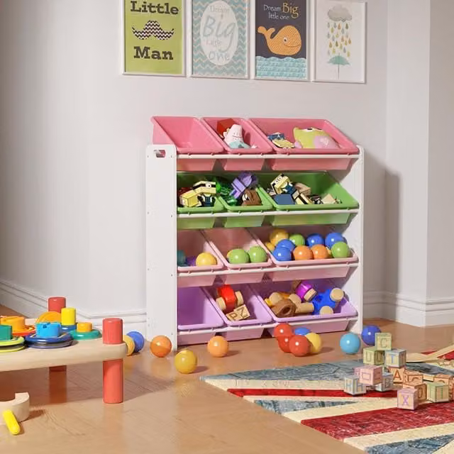 Xample Kids Toy Storage Rack Unit with 16 Removable Bins, Freestanding White Organizer – 1