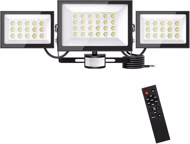 KORVIXA 200W 3 Head LED Security Floodlight with PIR Motion Sensor and Remote Control, Black – 1