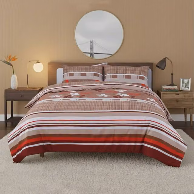 Snug City Floral Stripe Microfibre Complete Bedding Set in Multicolour, King Size (180 x 200 cm)
