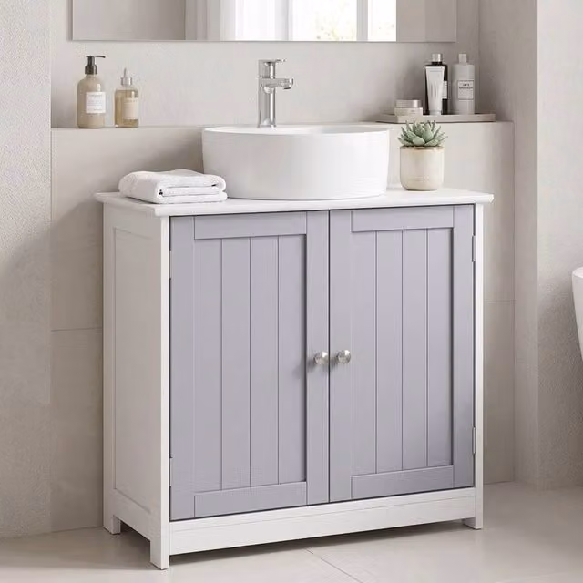 STILVORA Grey Lacquered Freestanding Under Sink Bathroom Cabinet with Internal Shelves and Hinged Doors