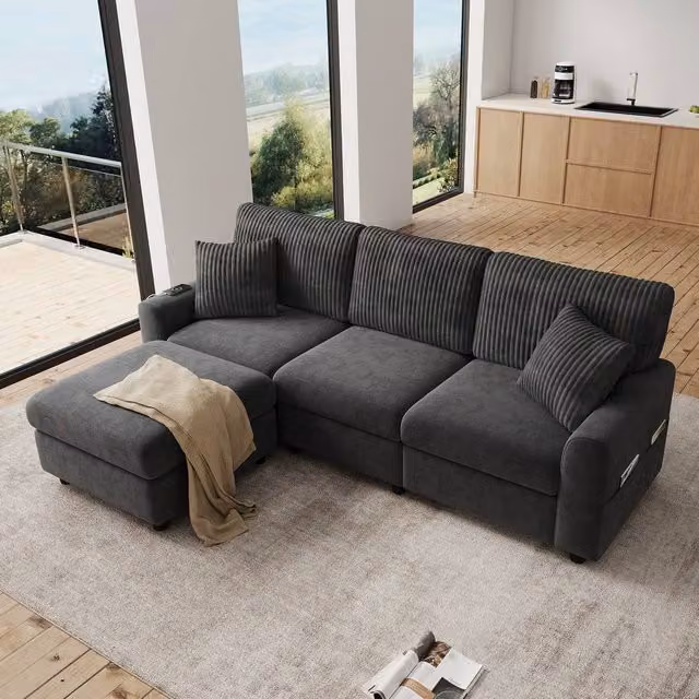 Merax Reversible L-Shape Chenille Corner Sofa with Matching Ottoman and USB Charging Ports in Grey – 1