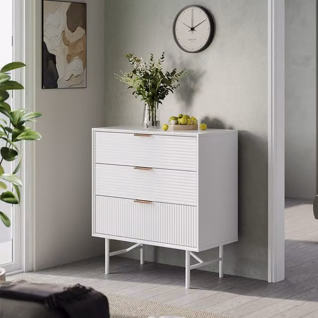 Livingandhome Modern 3-Tier Striped Freestanding Storage Cabinet in White and Gold