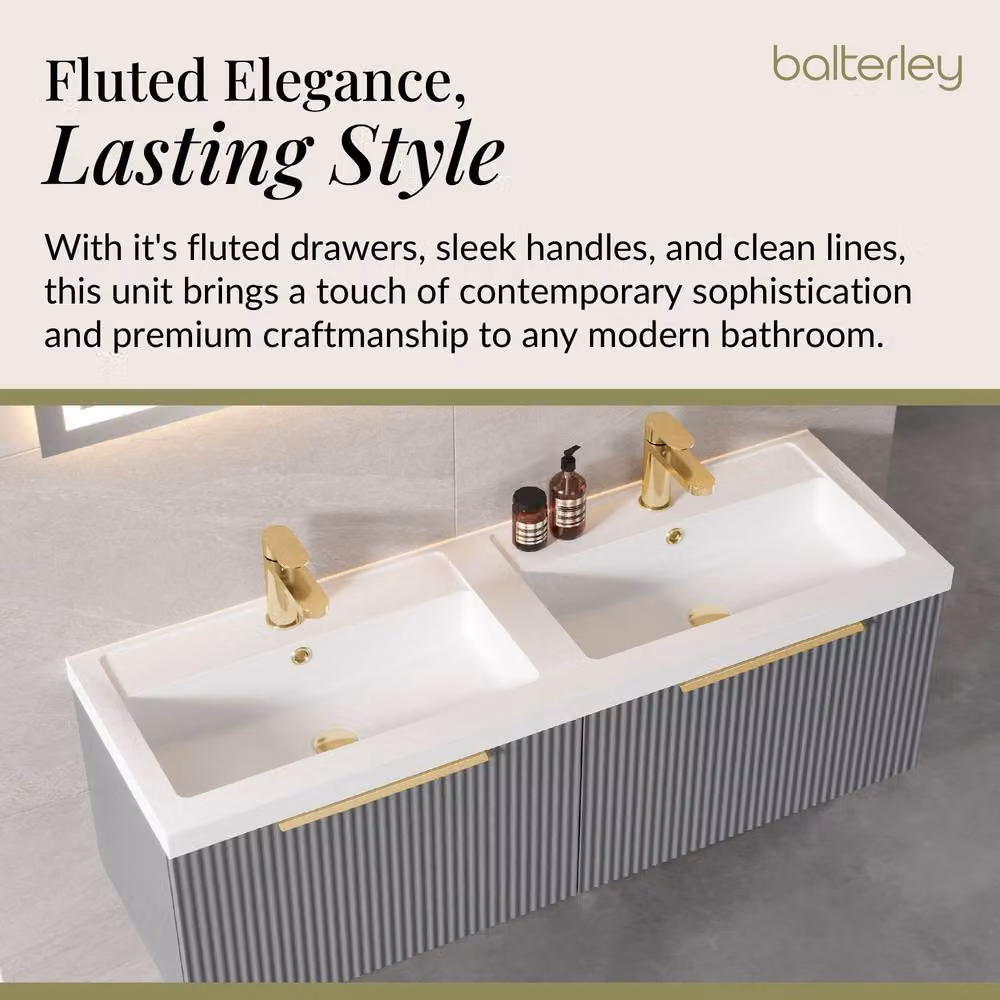 Balterley Fluted Front Wall Hung 2 Drawer Vanity Basin Unit, Satin Grey, Width: 120 cm – 2