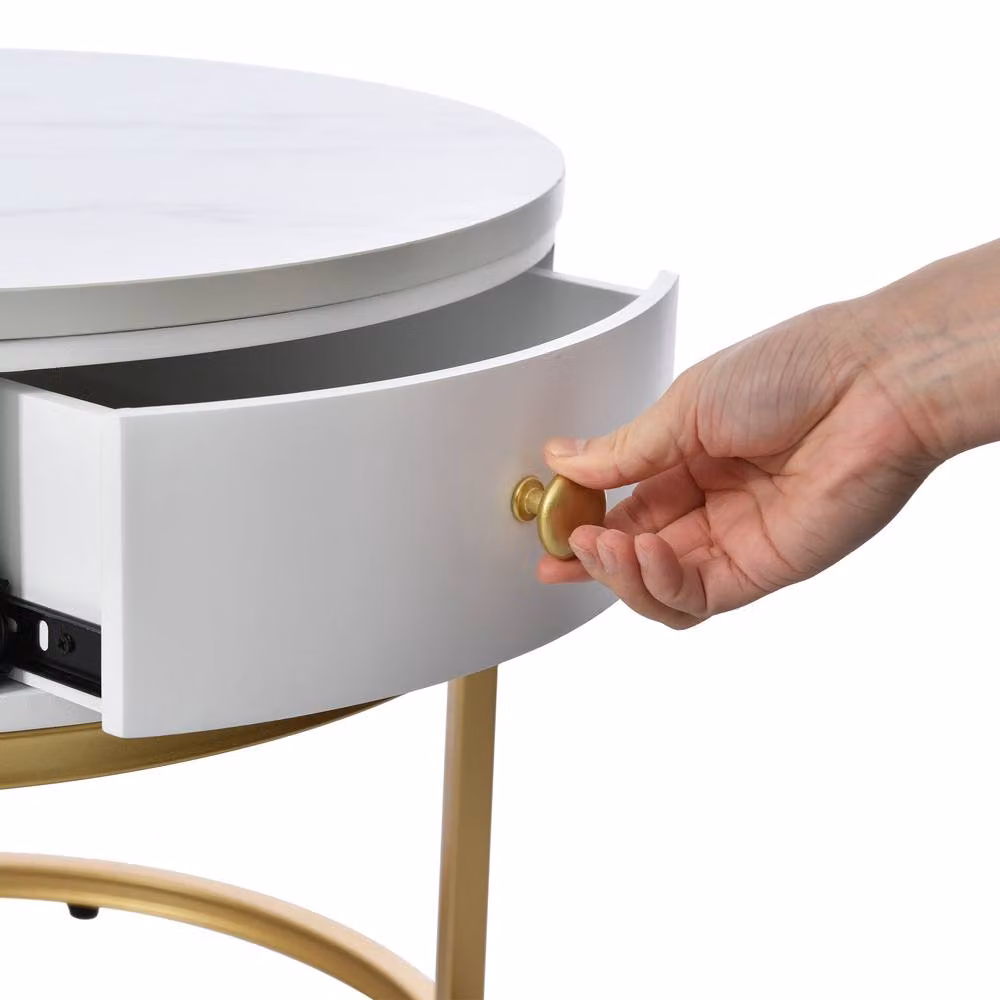 Merax Set of 2 Round Marble Effect Nesting Coffee Tables with Drawer in White and Gold – 8