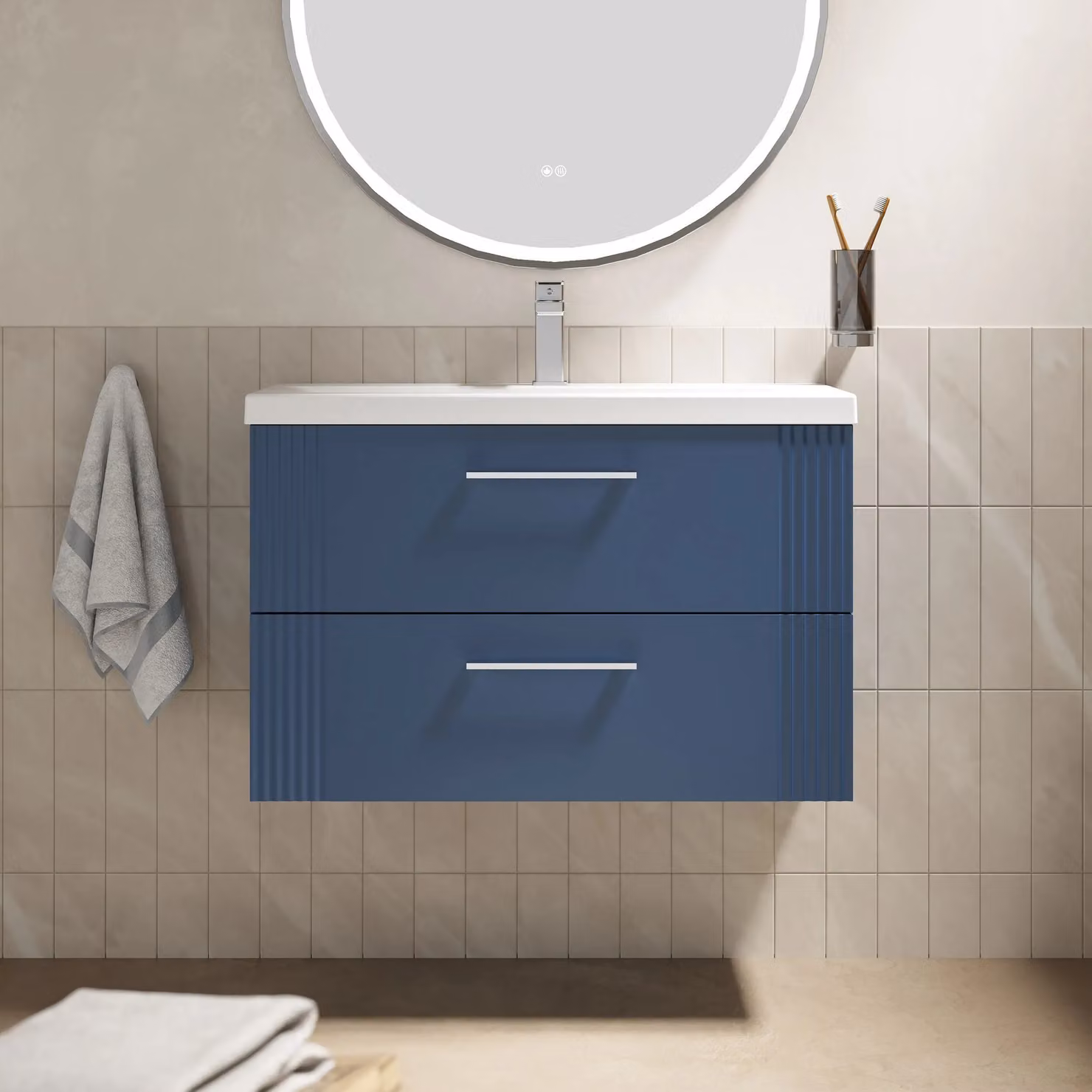 Balterley Wall Hung 2 Drawer Vanity Unit with Mid-Edge Basin, Satin Blue, Width: 80 cm – 2