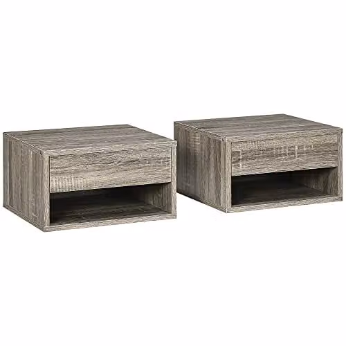 HOMCOM Set of 2 Wall Mounted Floating Nightstands with Drawer and Open Shelf in Grey