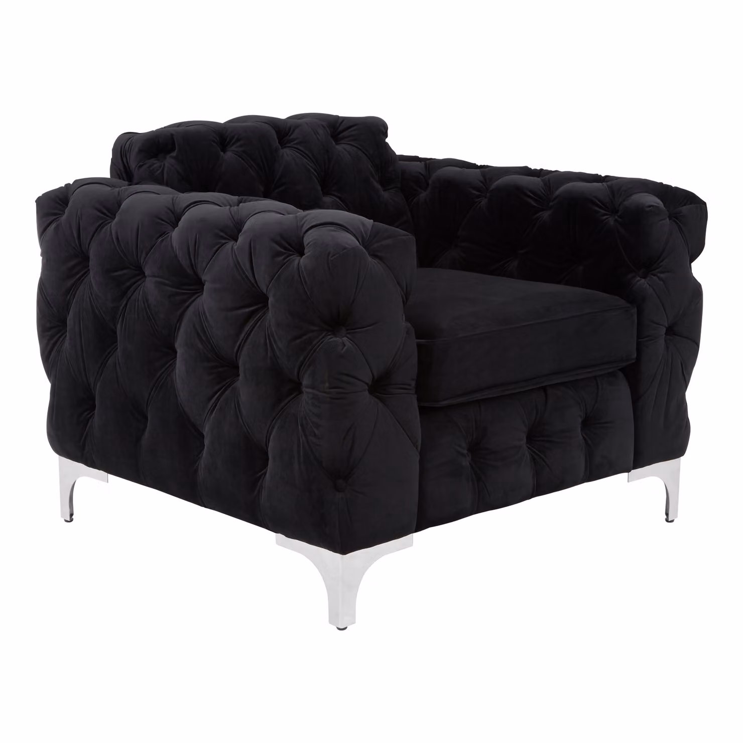 Orsina Black Velvet Quilted Chesterfield Lounge Chair with Silver Metal Frame – 4