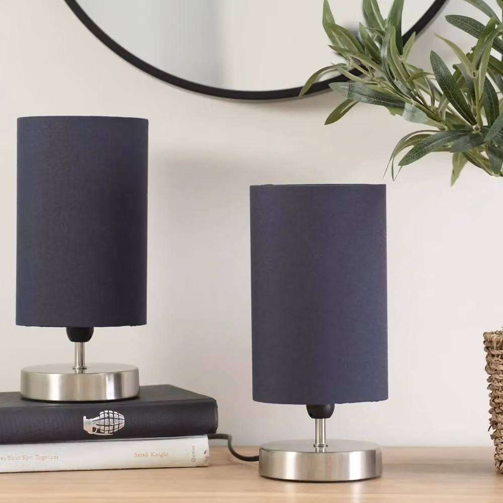 ValueLights Francis Pair of Dimmable Touch Table Lamps with Bulbs, Brushed Chrome and Navy Blue – 3