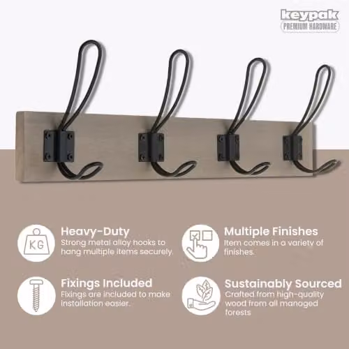 keypak Rustic Wall Mounted Coat Rack with 4 Double Wire Hooks on Light Grey Ash Wood Base – 2