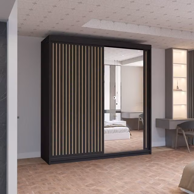 MN Furniture Reno 2 Sliding Door Wardrobe with Mirror and LED Light in Oak and Black, W: 150 cm, H: 217 cm – 1