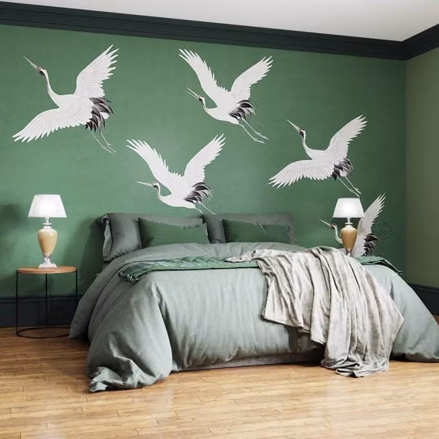 Superfresco Easy Cranes in Flight Emerald Print Green Wall Mural, W: 300 cm, H: 280 cm