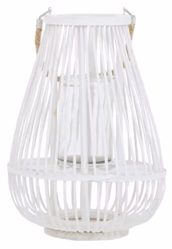 Premier Housewares Small White Bamboo Lantern with Glass Candle Holder and Natural Rope Handle, W/D/H: 28 x 28 x 38 cm – 1