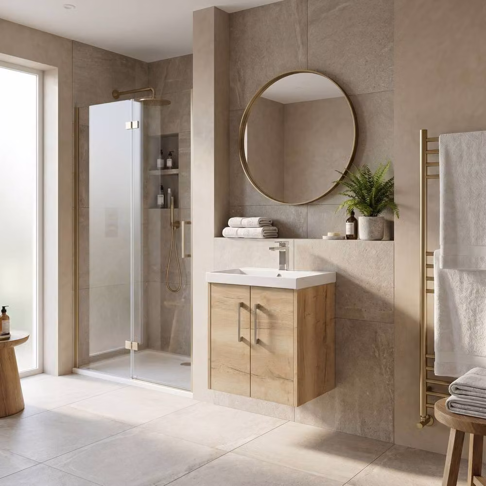Balterley Winshill 2 Door Wall Hung Vanity Basin Unit in Light Oak Brown, Width: 50 cm – 2