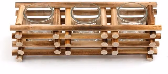 KDMK Stacked Wood Triple Tealight Holder, Brown, Height: 27 cm