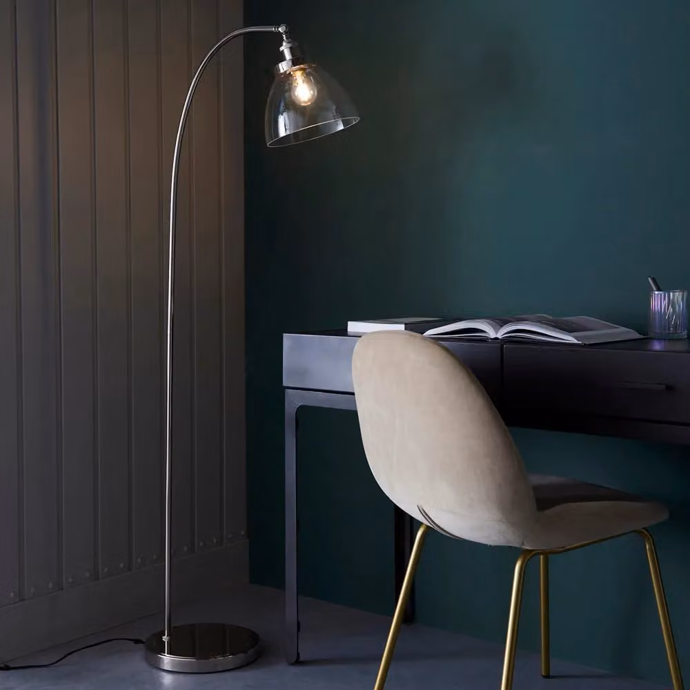 Loops Bright Nickel Standing Floor Lamp with Clear Glass Shade in Silver – 2