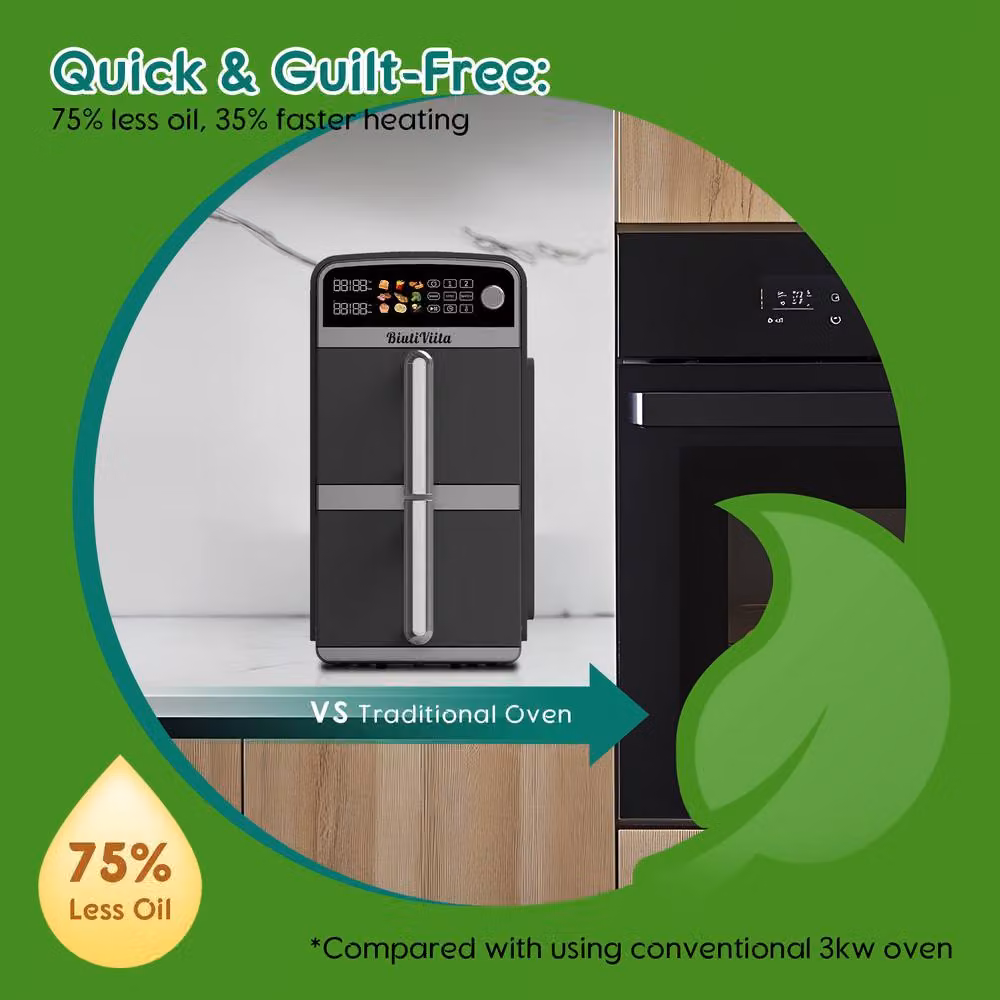 BiutiViita 10L Dual Basket Air Fryer with 2400W Power and 9-in-1 Modes in Black – 3