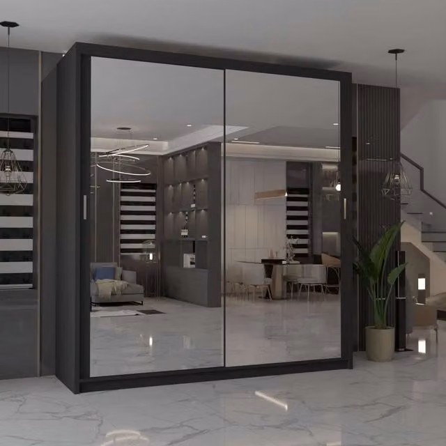 MN Furniture Cuba Sliding Mirror Wardrobe with Integrated LED Lighting, Black, W/H: 120 x 217 cm