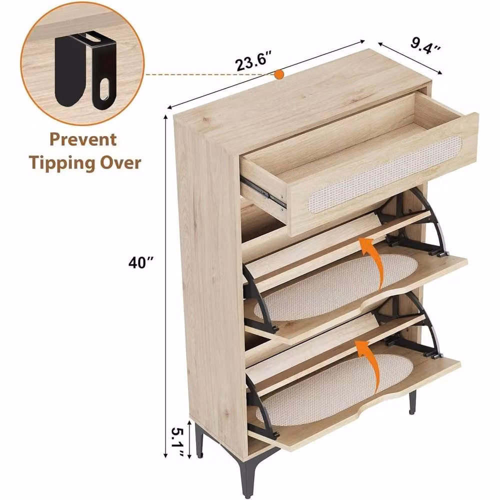 VOGREX Narrow Brown Rattan Shoe Cabinet with 2 Tilting Doors and Pull-Out Drawer – 2