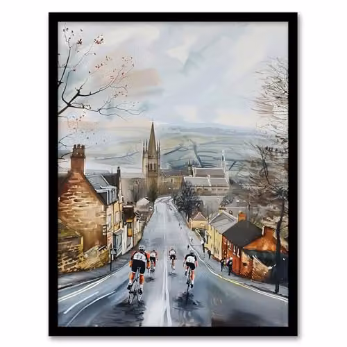 Artery8 Cyclists in Misty Yorkshire Town Street Framed Wall Art Print, Multicolour, W: 23.4 cm, H: 32.3 cm