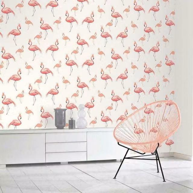 Muriva Flamingo Queen Coral Wallpaper in Pink, Silver and White