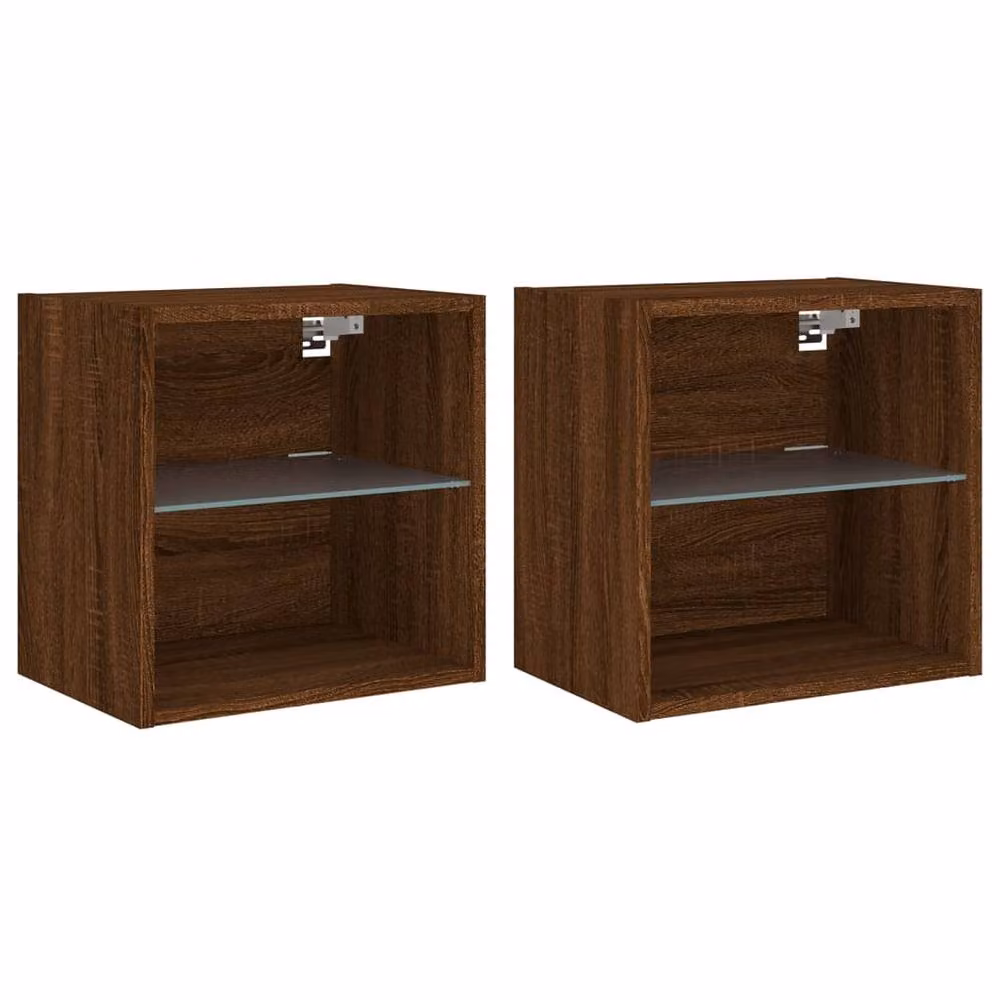 Berkfield Home Set of 2 Modern Wall-Mounted Bedside Cabinets with LED Lighting and Glass Doors, Brown, W/D/H: 40 x 28.5 x 28.5 cm – 3