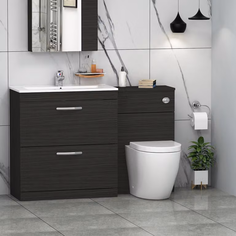 Royal Bathrooms Hale Black 2 Drawer Furniture Pack with Minimalist Basin and Elva Back to Wall Toilet, Width: 130 cm