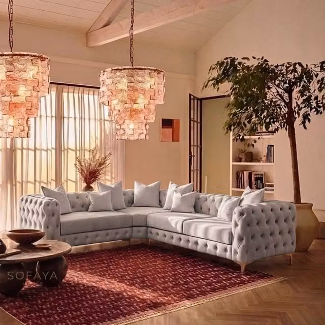 Sofaya Monaco 4 Seater Chesterfield Corner Sofa in Light Grey Velvet with Left Hand Chaise