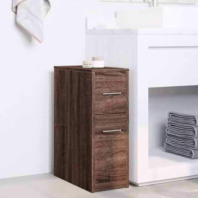 Berkfield Home Narrow Bathroom Cupboard with Wheels, Brown Oak Engineered Wood, H 61.5 x W 22.0 x D 44.0 cm – 1