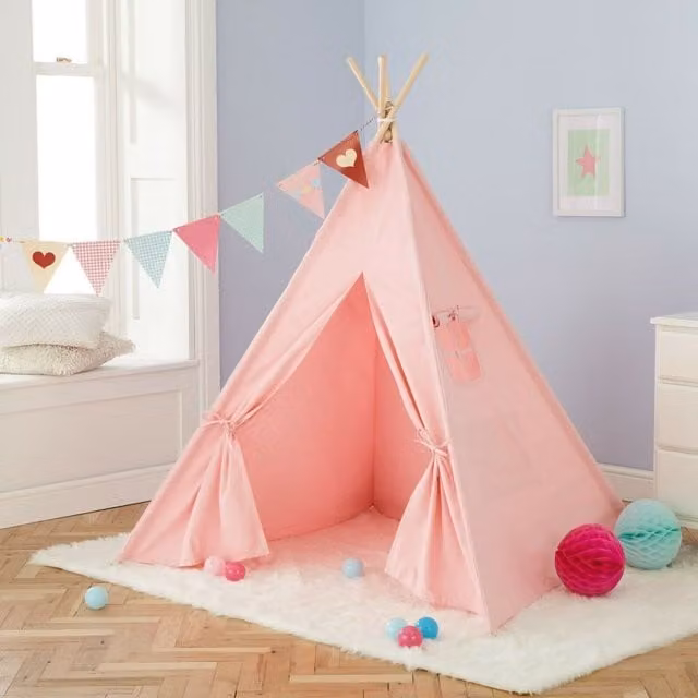 Neo Pink Canvas Kids Indian Teepee Tent with Wood Frame