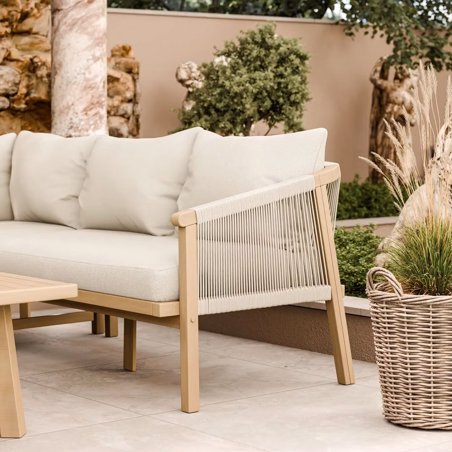 Royalcraft Roma 5 Seater Corner Lounge Set in Natural Acacia Wood with Beige Cushions – 4