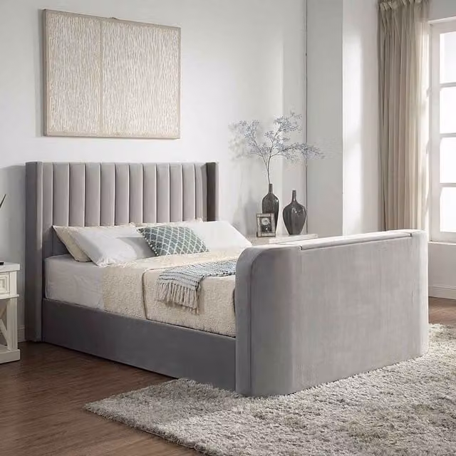 Home Treats Grey Velvet Upholstered Ottoman TV Bed with Lift Up Base, W/D/H: 200 x 200 cm