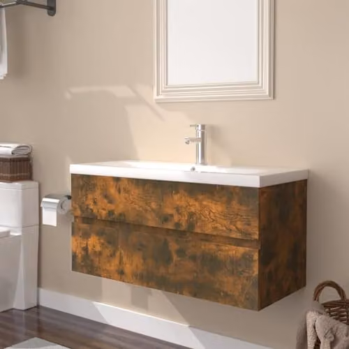 vidaXL Modern Bathroom Vanity Unit with Built-in Basin Sink in Smoked Oak Brown Engineered Wood, W: 90.0 cm, H: 80.0 cm, D: 38.0 cm – 2