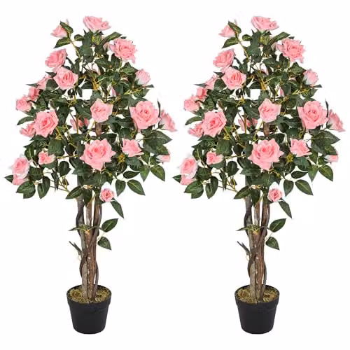 HOMCOM Set of 2 Pink Faux Silk Rose Artificial Trees, Height: 110 cm – 1