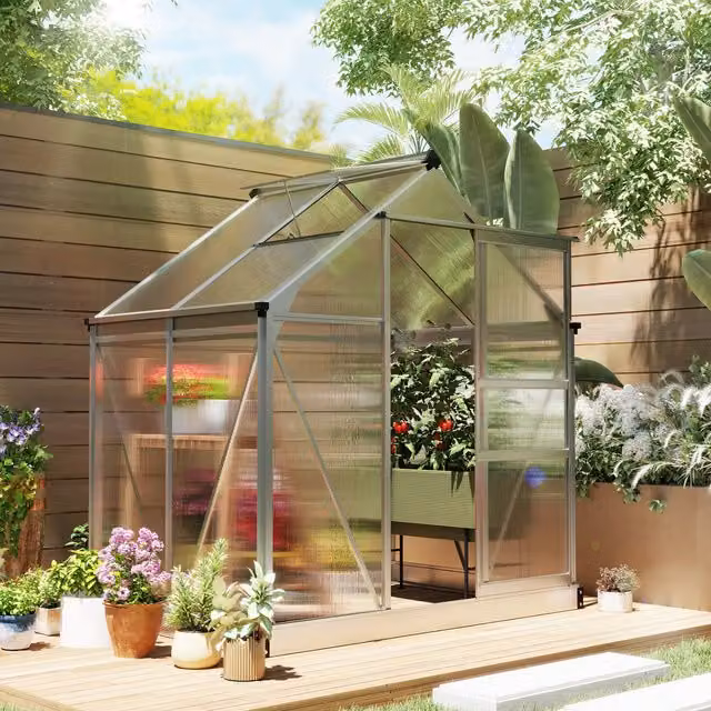 Outsunny Aluminium and Polycarbonate Walk-In Garden Greenhouse in Silver