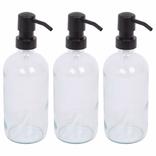Harbour Housewares Pack of 3 Transparent Glass Refillable Soap Dispensers with Black Pumps, 500ml each – 1