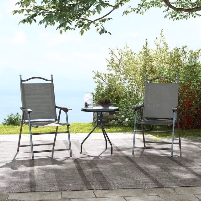 Outsunny Set of 2 Folding Chairs with Armrests and Breathable Mesh Seats in Dark Grey